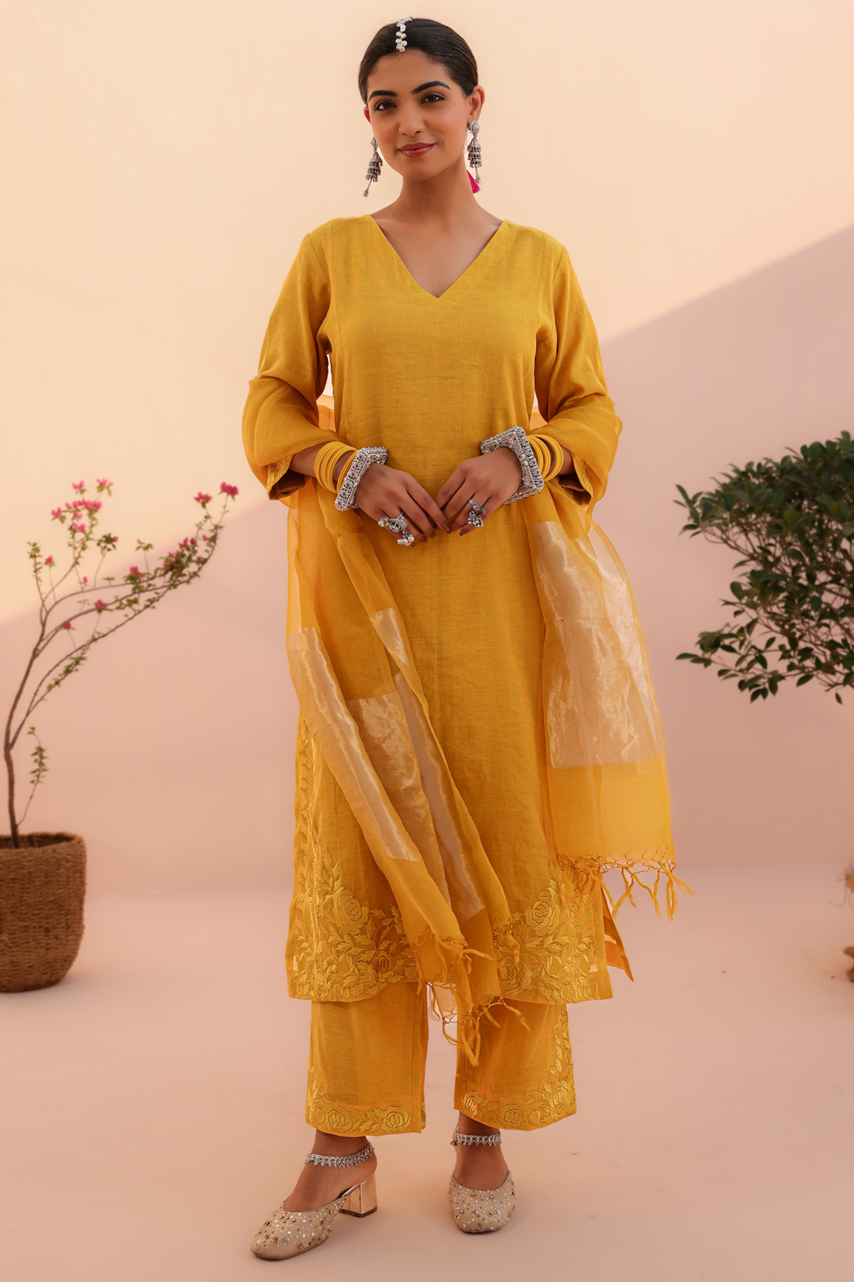 Mustard Tissue Chanderi Resham Embroidered Kurta Set by Charu Makkar at Pernia's Pop Up Shop
