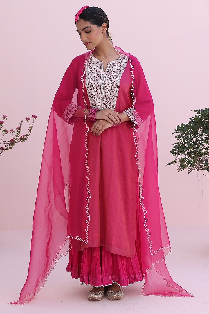 Rani Pink Tissue Chanderi Hand Embroidered Kurta Set by Charu Makkar at Pernia's Pop Up Shop