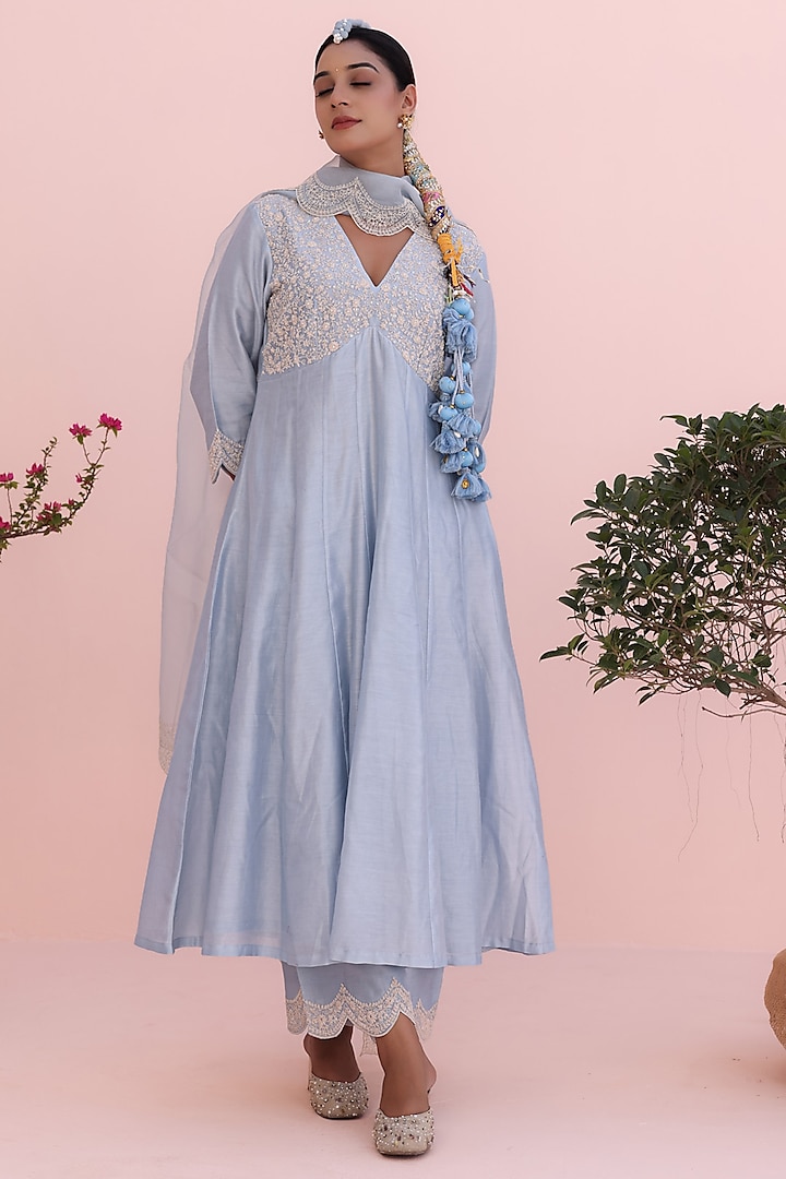 Moon Blue Silk Chanderi Hand & Machine Embroidered Wedding Anarkali Set by Charu Makkar at Pernia's Pop Up Shop