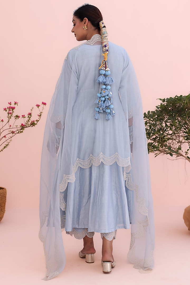 Moon Blue Silk Chanderi Hand & Machine Embroidered Wedding Anarkali Set by Charu Makkar at Pernia's Pop Up Shop