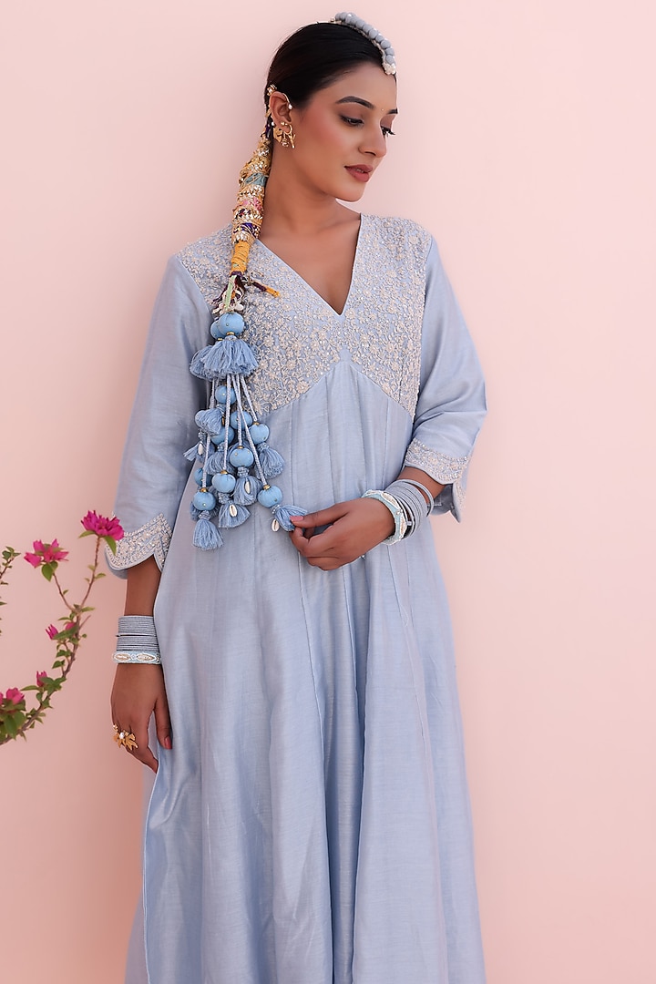 Moon Blue Silk Chanderi Hand & Machine Embroidered Wedding Anarkali Set by Charu Makkar at Pernia's Pop Up Shop