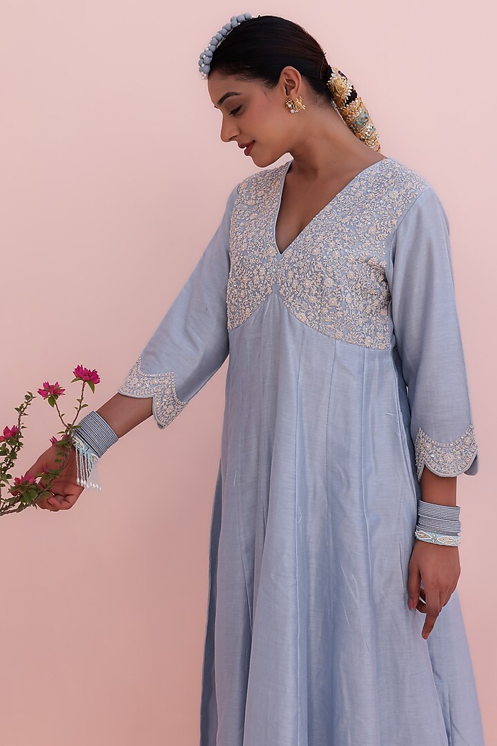 Moon Blue Silk Chanderi Hand & Machine Embroidered Wedding Anarkali Set by Charu Makkar at Pernia's Pop Up Shop