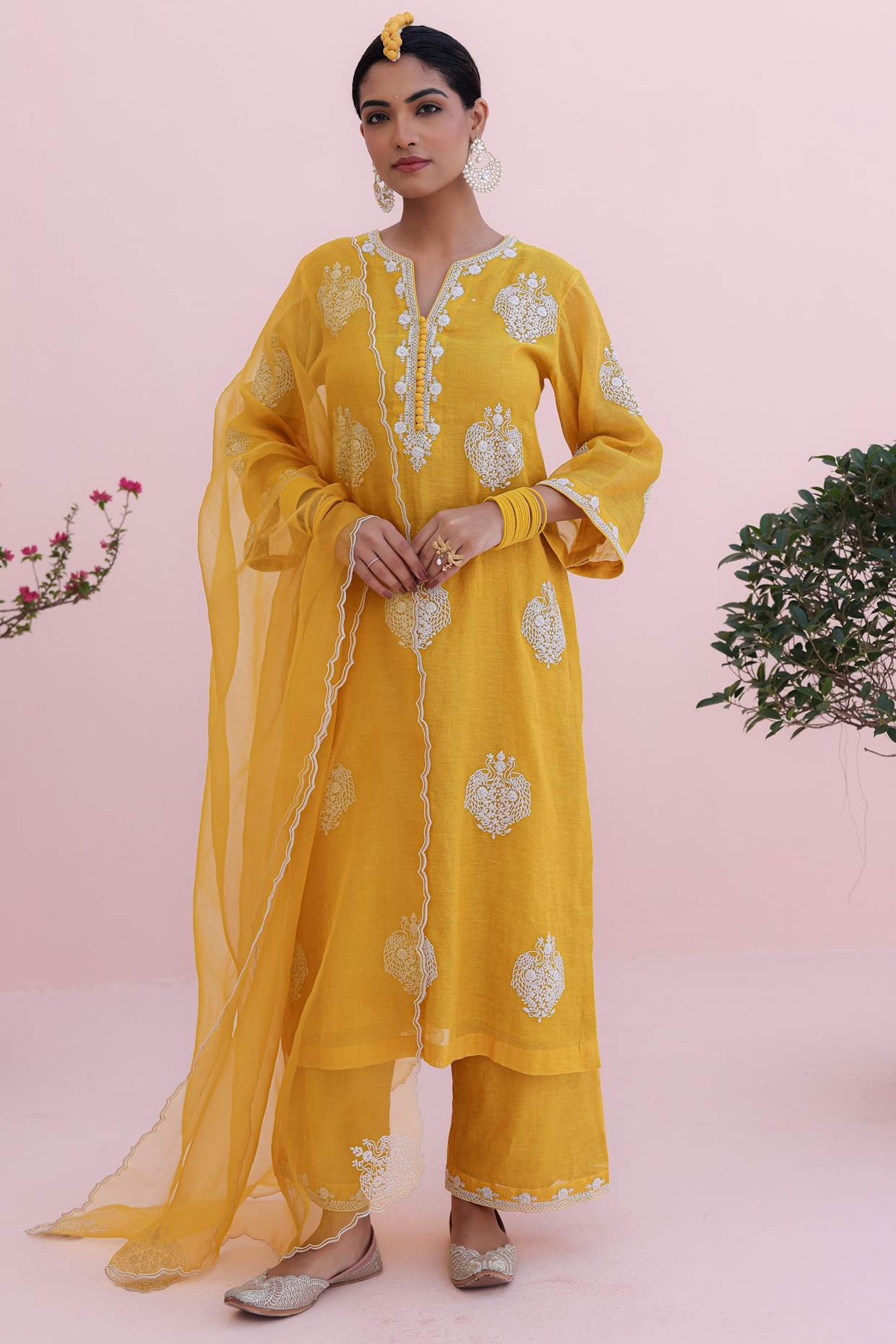 Mustard Yellow Tissue Chanderi Hand & Machine Embroidered Kurta Set by Charu Makkar at Pernia's Pop Up Shop