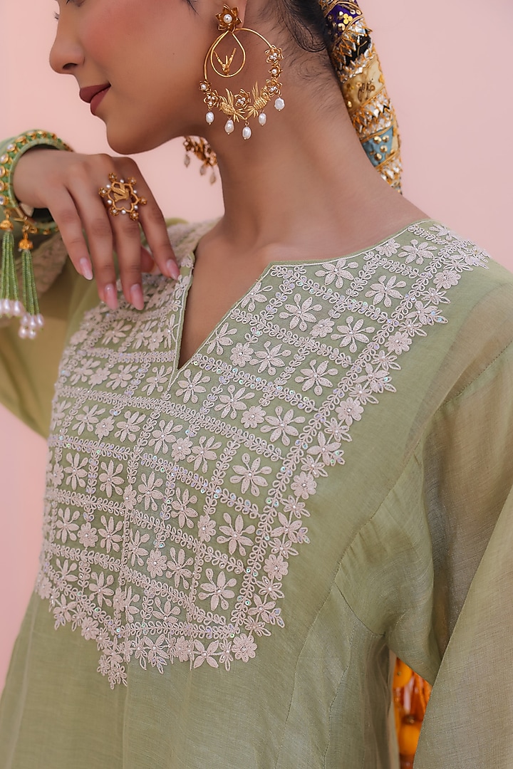 Elaichi Green Tissue Chanderi Hand & Machine Embroidered Kurta Set by Charu Makkar at Pernia's Pop Up Shop