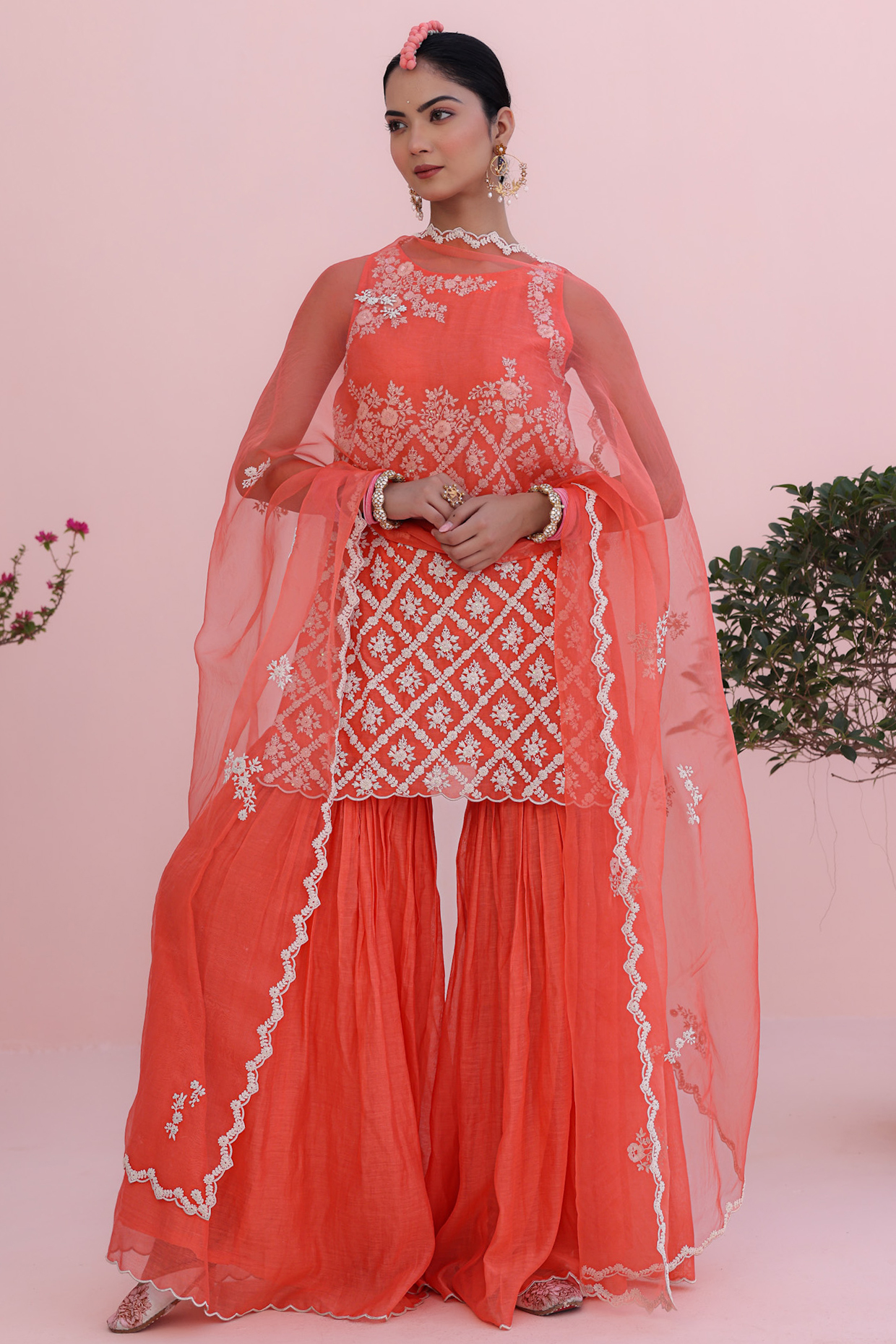 Coral Mul Chanderi Hand & Machine Embroidered Kurta Set by Charu Makkar at Pernia's Pop Up Shop