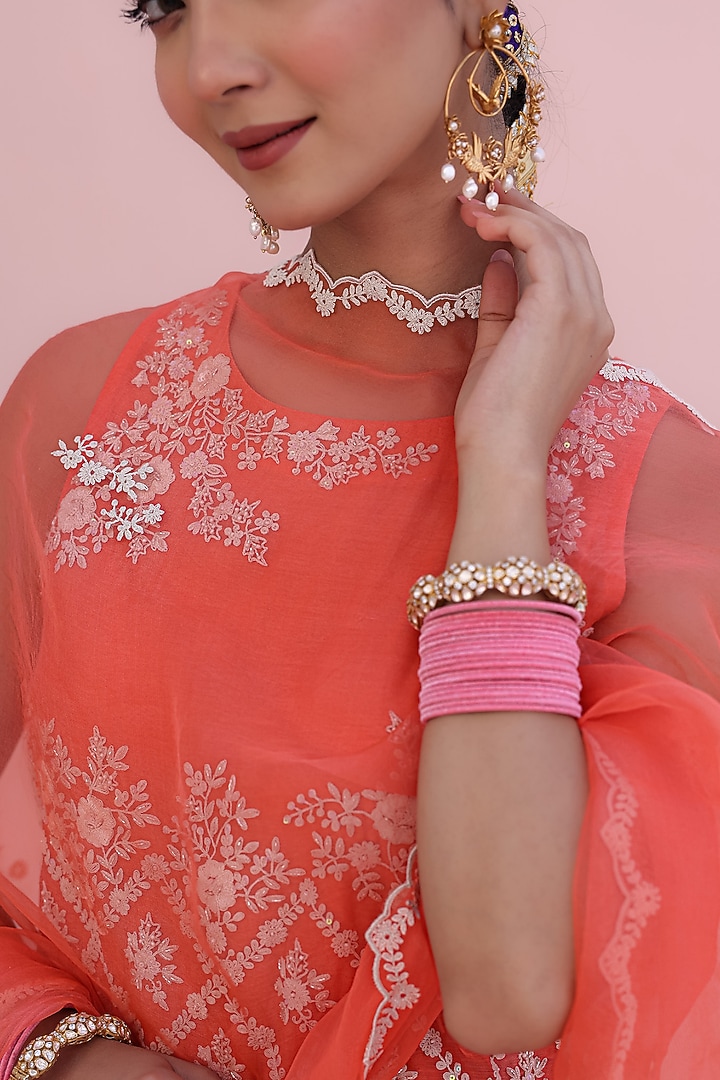 Coral Mul Chanderi Hand & Machine Embroidered Kurta Set by Charu Makkar at Pernia's Pop Up Shop