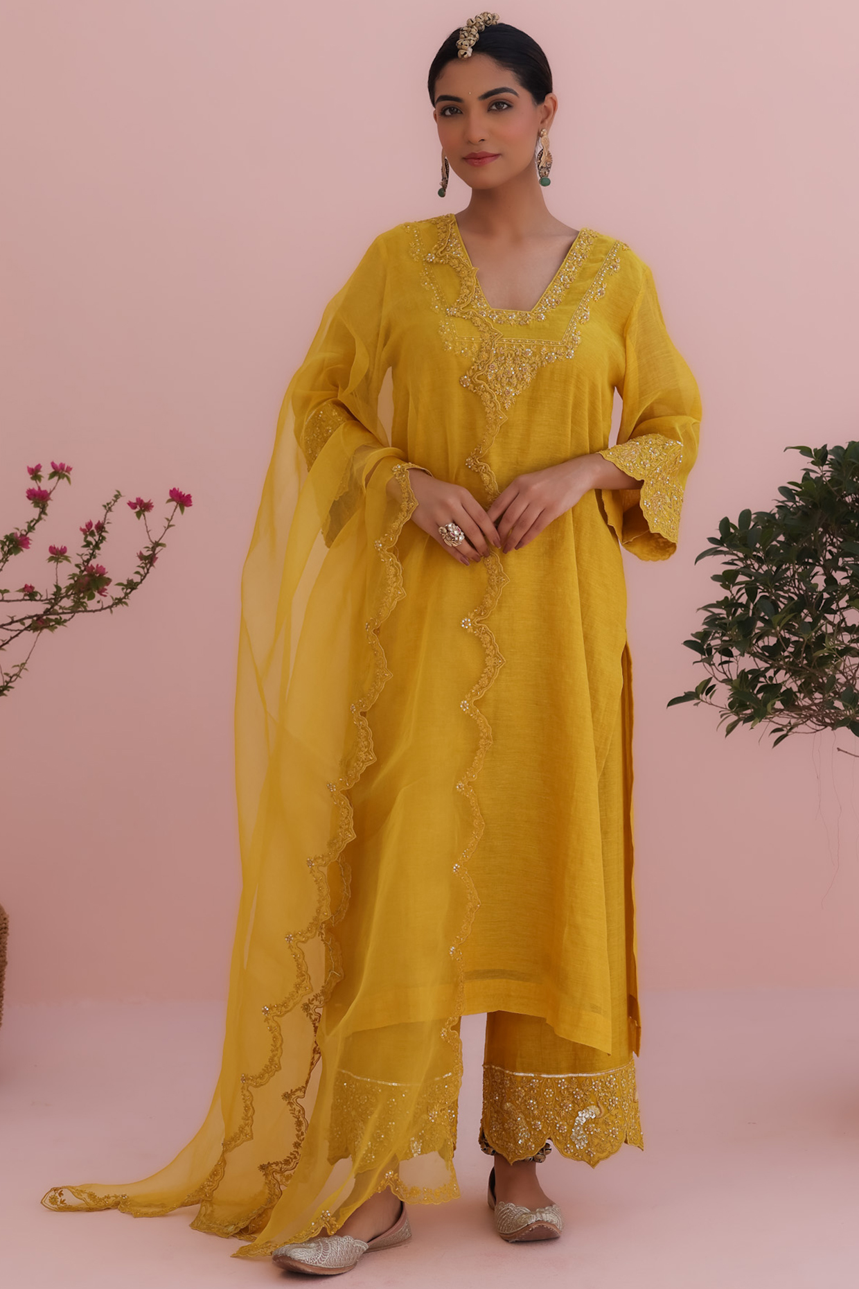 Mustard Tissue Chanderi Hand & Machine Embroidered Kurta Set by Charu Makkar at Pernia's Pop Up Shop