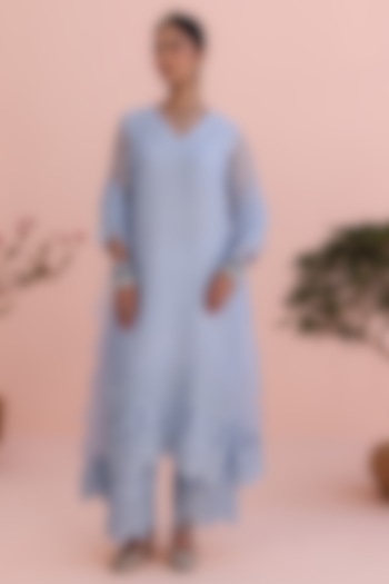 Moon Blue Pure Organza Dori Embroidered Kurta Set by Charu Makkar at Pernia's Pop Up Shop