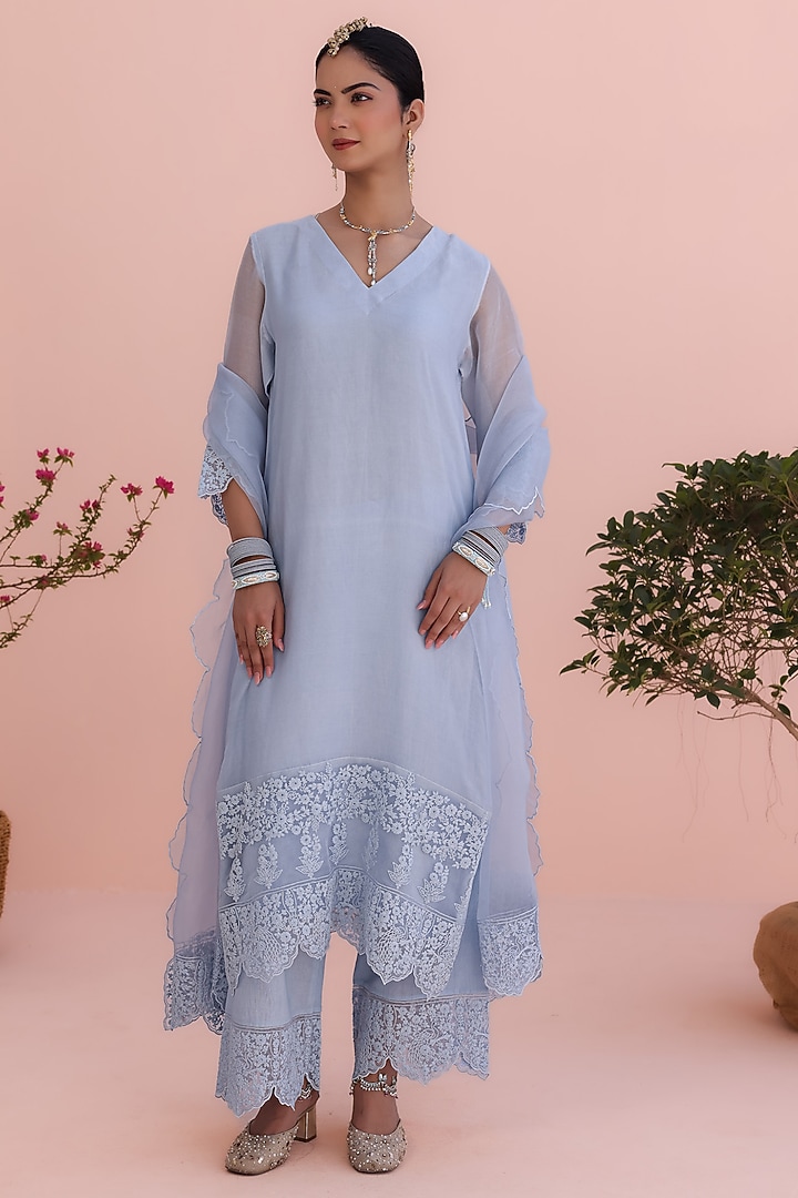Moon Blue Pure Organza Dori Embroidered Kurta Set by Charu Makkar at Pernia's Pop Up Shop