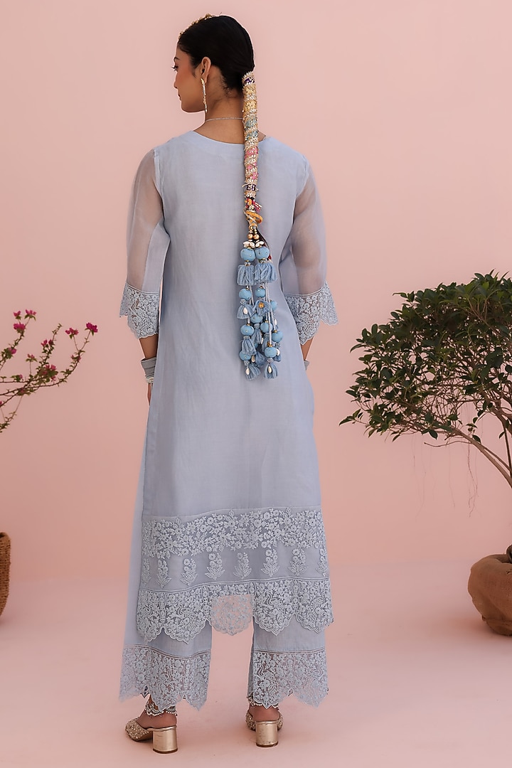Moon Blue Pure Organza Dori Embroidered Kurta Set by Charu Makkar at Pernia's Pop Up Shop