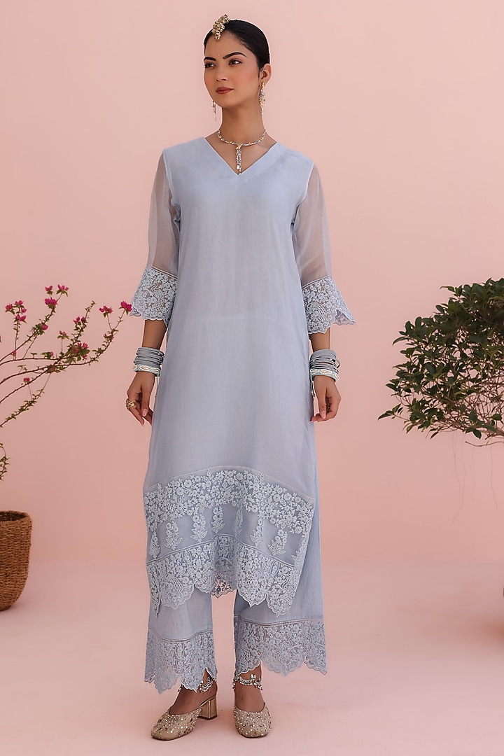 Moon Blue Pure Organza Dori Embroidered Kurta Set by Charu Makkar at Pernia's Pop Up Shop