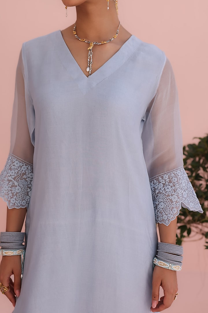 Moon Blue Pure Organza Dori Embroidered Kurta Set by Charu Makkar at Pernia's Pop Up Shop