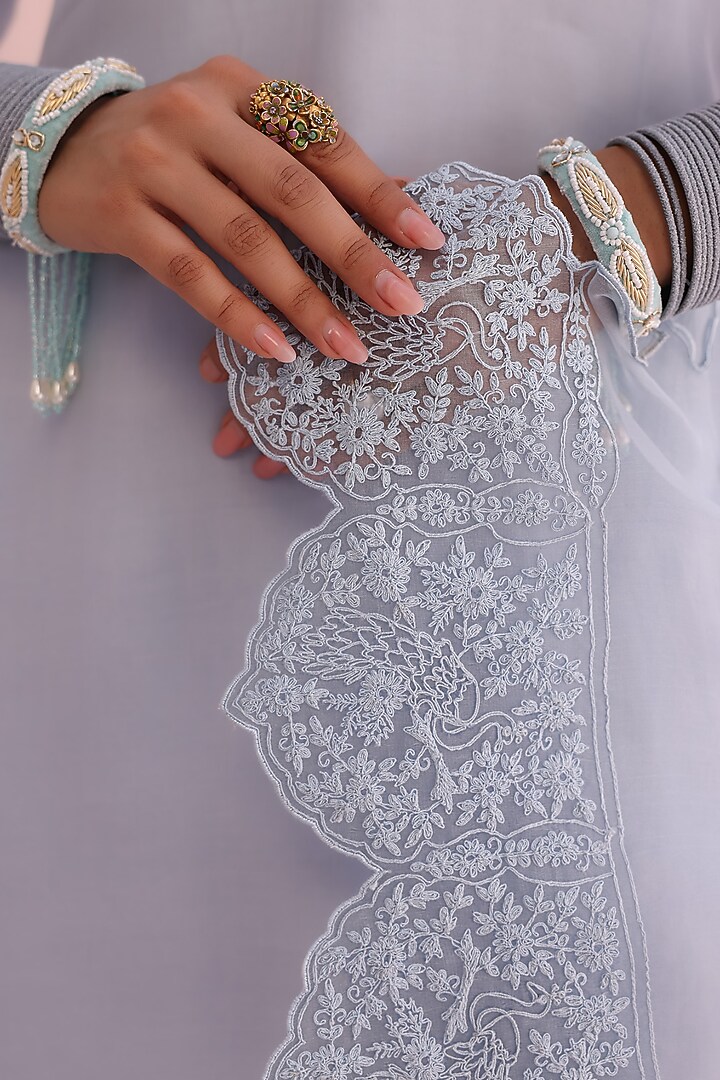 Moon Blue Pure Organza Dori Embroidered Kurta Set by Charu Makkar at Pernia's Pop Up Shop