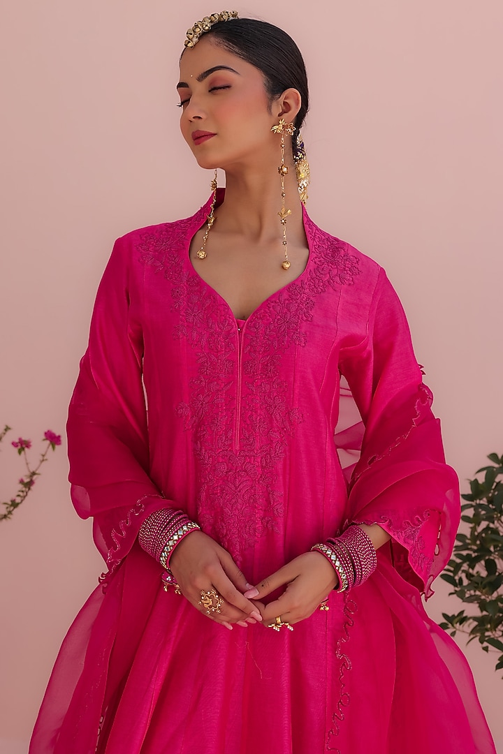 Rani Pink Silk Chanderi Machine Embroidered Party Wear Anarkali Set by Charu Makkar at Pernia's Pop Up Shop