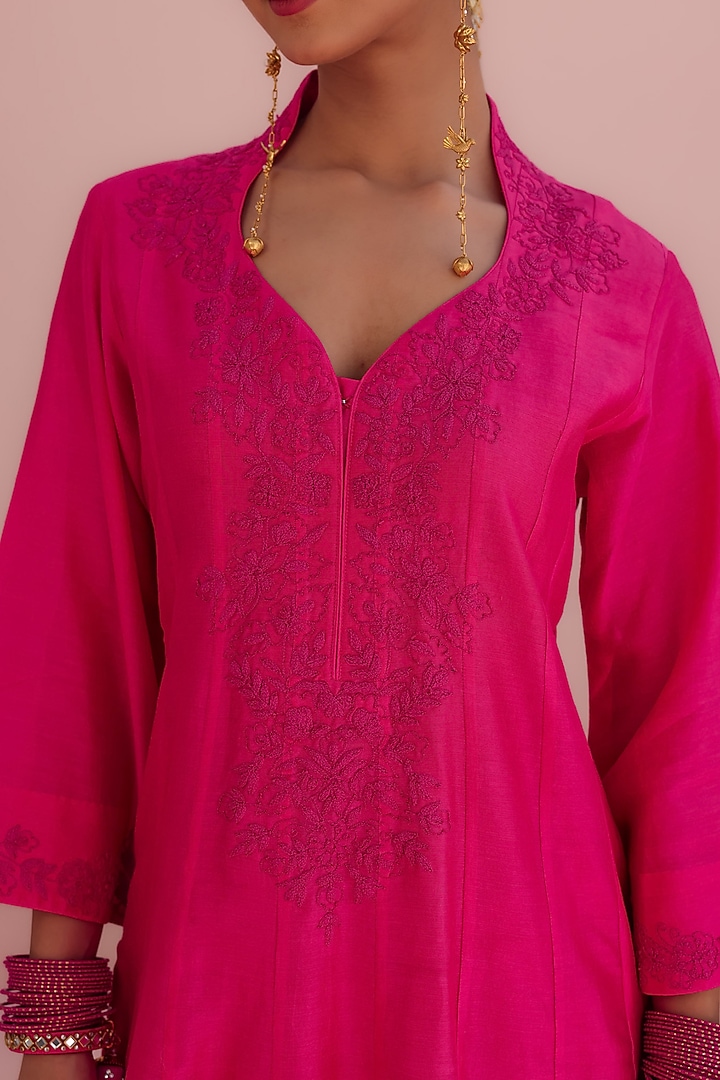 Rani Pink Silk Chanderi Machine Embroidered Party Wear Anarkali Set by Charu Makkar at Pernia's Pop Up Shop