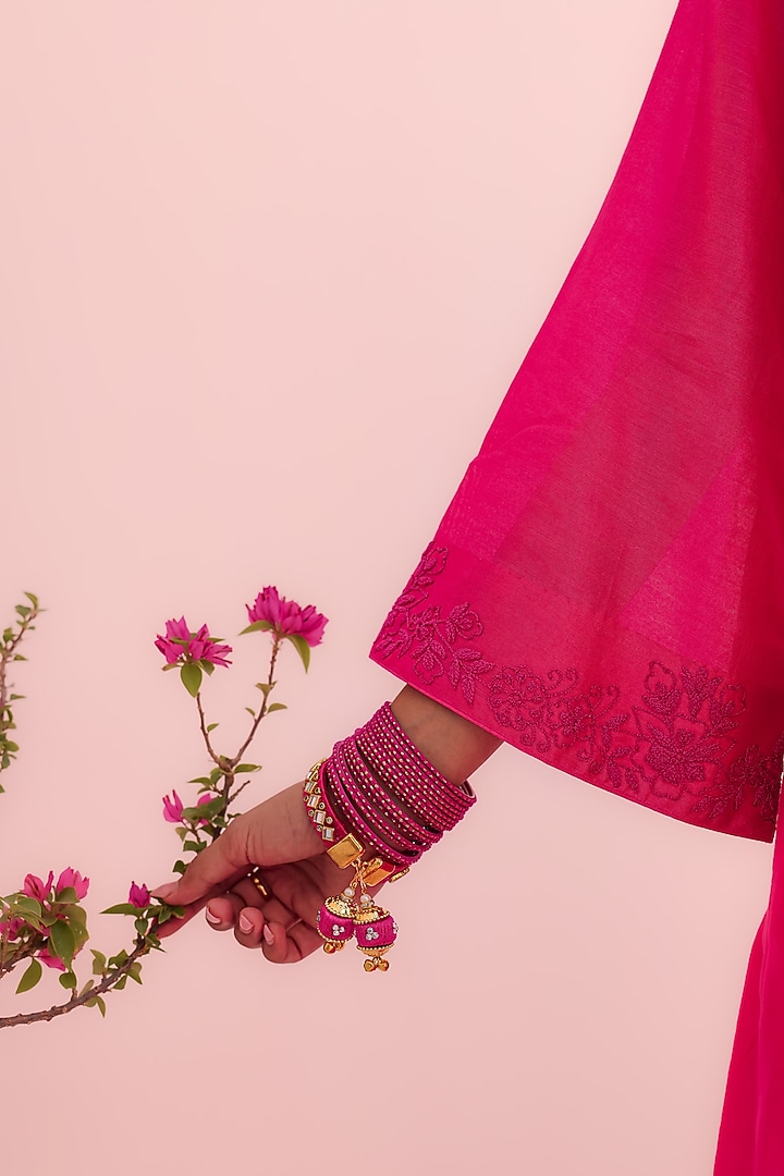 Rani Pink Silk Chanderi Machine Embroidered Party Wear Anarkali Set by Charu Makkar at Pernia's Pop Up Shop