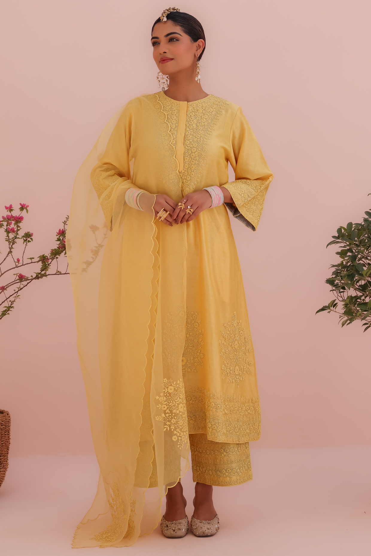 Lemon Yellow Silk Chanderi Machine Embroidered A-Line Kurta Set by Charu Makkar at Pernia's Pop Up Shop