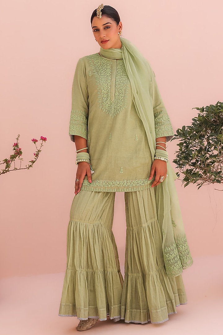 Elaichi Green Tissue Chanderi Wedding Sharara Set by Charu Makkar at Pernia's Pop Up Shop