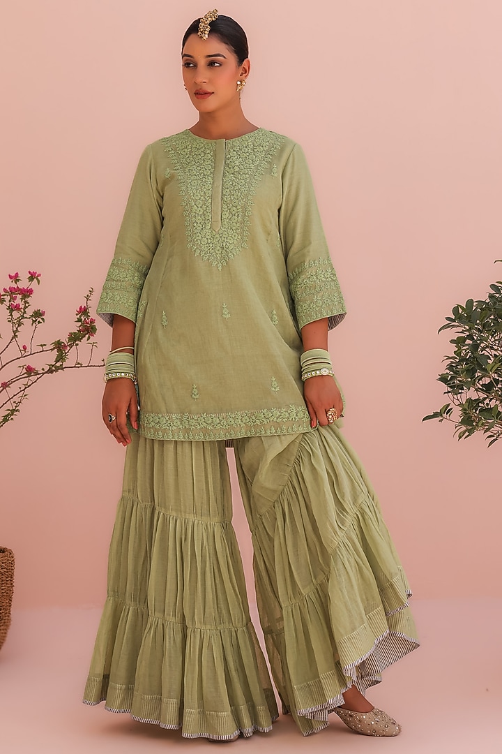 Elaichi Green Tissue Chanderi Wedding Sharara Set by Charu Makkar at Pernia's Pop Up Shop