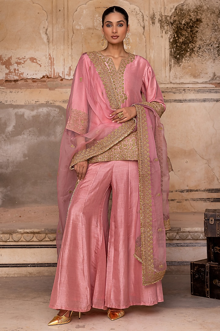 Antique Rose Pink Dori Hand Embroidered Wedding Sharara Set by Charu Makkar at Pernia's Pop Up Shop