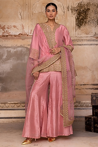 Antique Rose Pink Dori Hand Embroidered Sharara Set by Charu Makkar