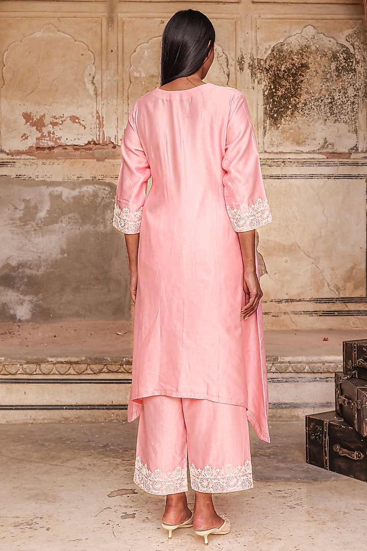 Powder Rose Pink Silk Chanderi Dori Work Kurta Set by Charu Makkar at Pernia's Pop Up Shop