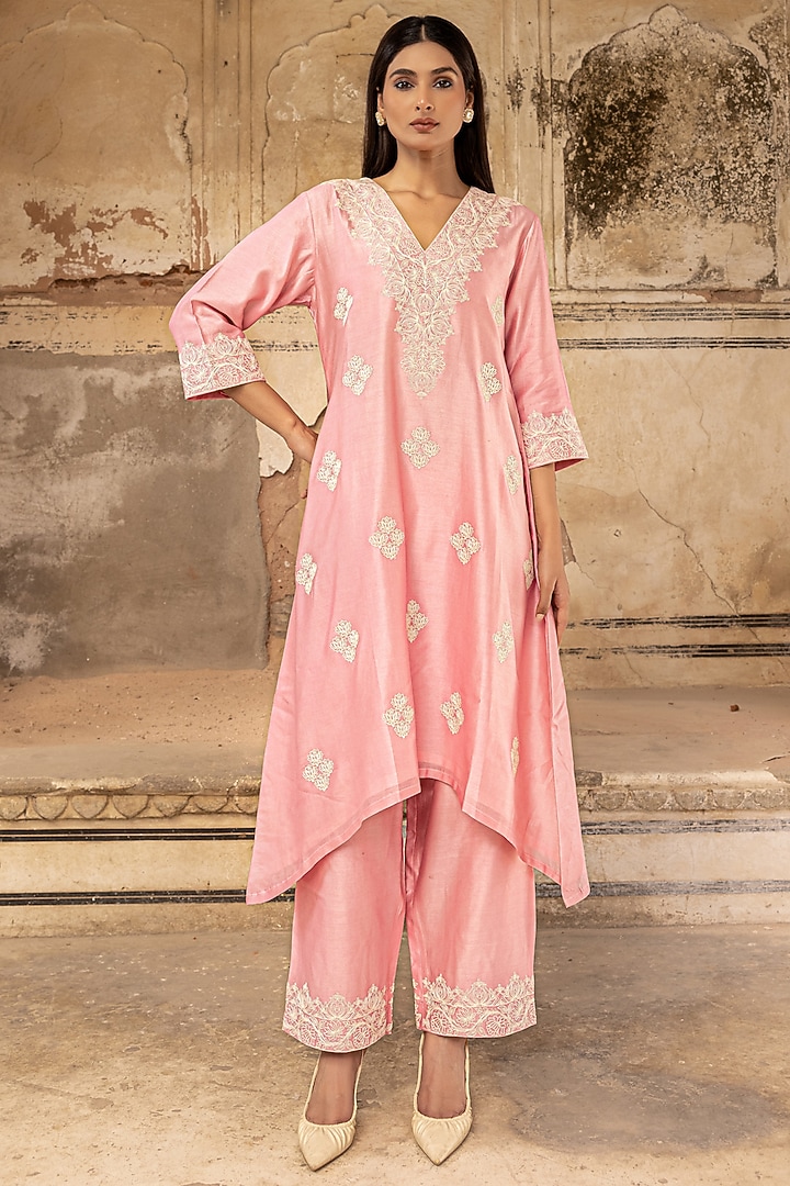 Powder Rose Pink Silk Chanderi Dori Work Kurta Set by Charu Makkar at Pernia's Pop Up Shop