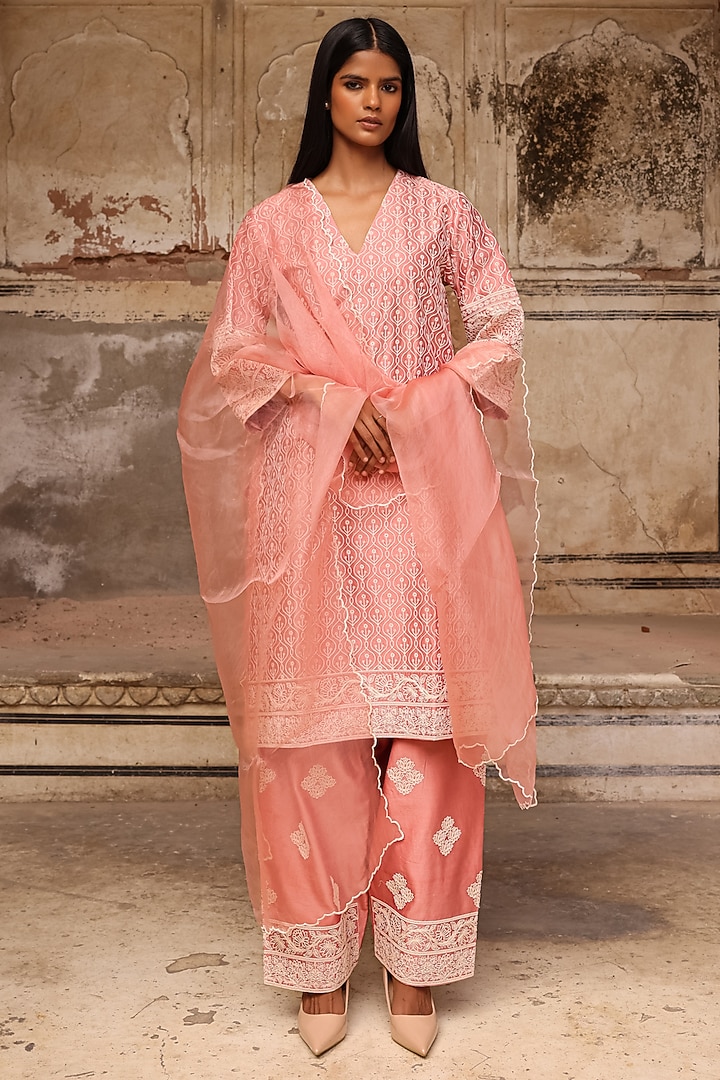 Old Rose Pink Silk Chanderi Dori Work Kurta Set by Charu Makkar at Pernia's Pop Up Shop