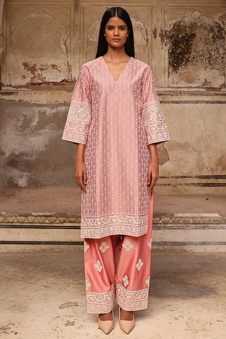 Old Rose Pink Silk Chanderi Dori Work Kurta Set by Charu Makkar at Pernia's Pop Up Shop