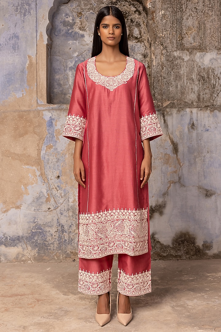 Blush Wine Pink Silk Chanderi Dori Work Kurta Set by Charu Makkar at Pernia's Pop Up Shop