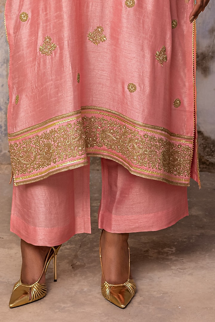 Powder Rose Pink Slub Raw Silk Dori Work Kurta Set by Charu Makkar at Pernia's Pop Up Shop