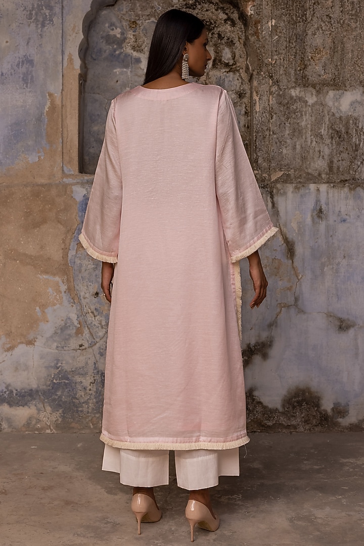 Blush Pink Linen Satin Dori Work Kurta Set by Charu Makkar at Pernia's Pop Up Shop