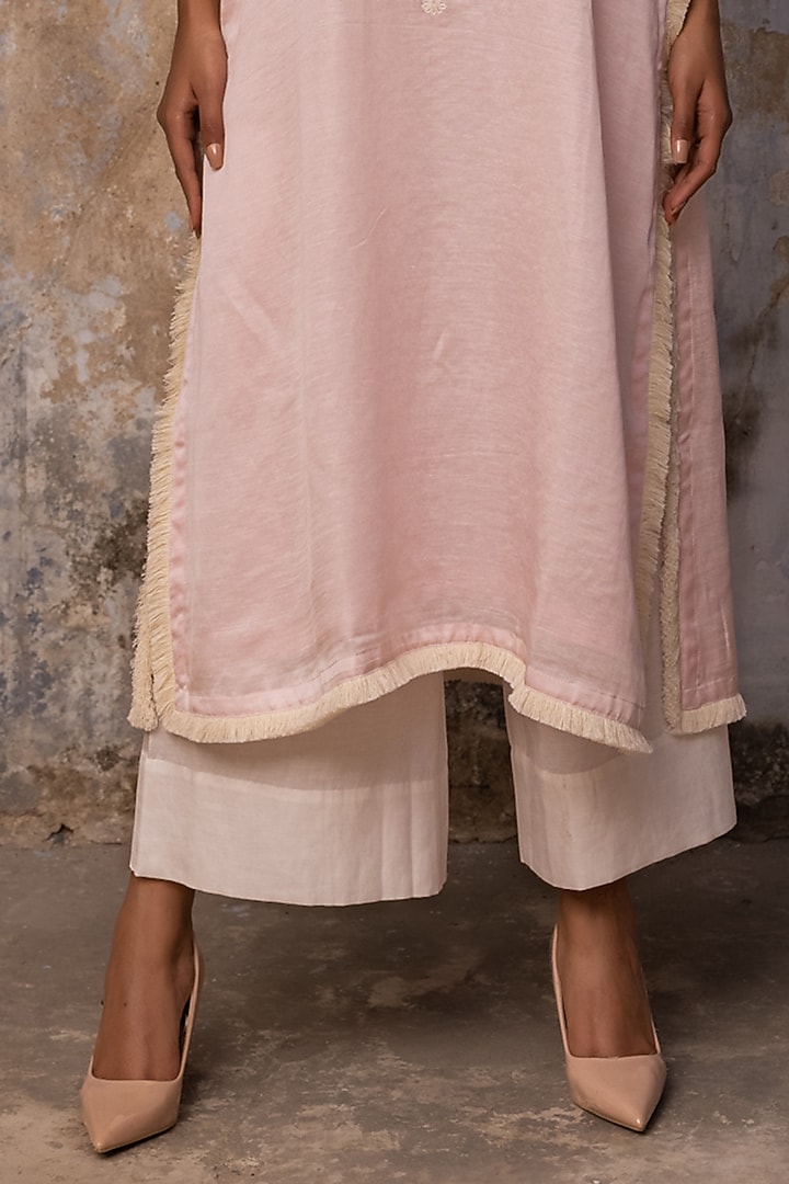 Blush Pink Linen Satin Dori Work Kurta Set by Charu Makkar at Pernia's Pop Up Shop