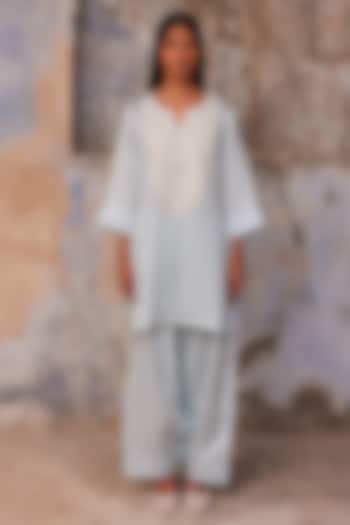 Powder Blue Linen Satin Dori Work Kurta Set by Charu Makkar at Pernia's Pop Up Shop