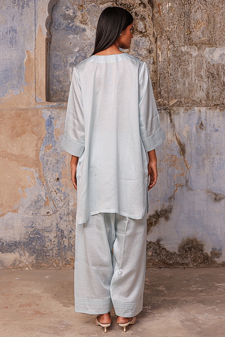 Powder Blue Linen Satin Dori Work Kurta Set by Charu Makkar at Pernia's Pop Up Shop