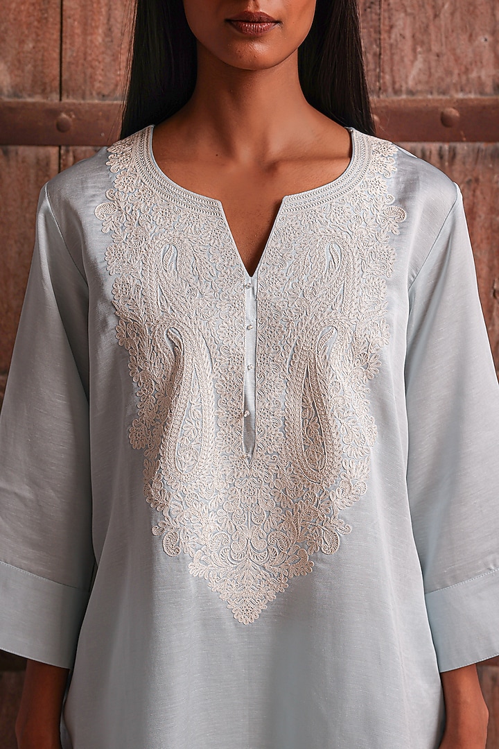 Powder Blue Linen Satin Dori Work Kurta Set by Charu Makkar at Pernia's Pop Up Shop