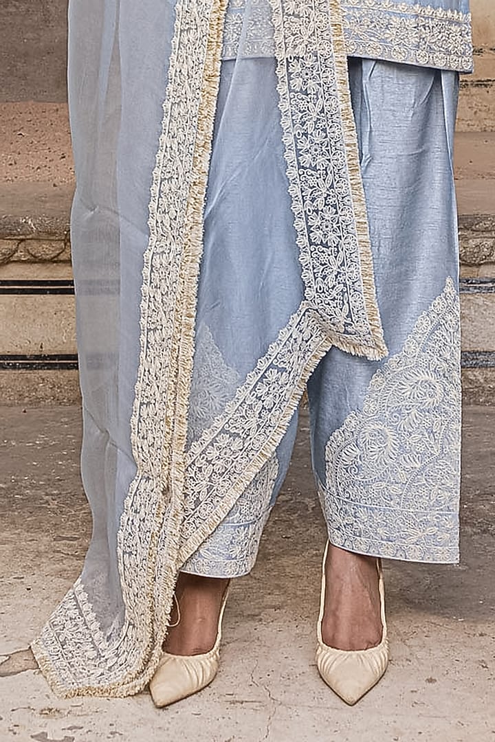 Ice Blue Mul Chanderi Dori & Pearl Hand Work Kurta Set by Charu Makkar at Pernia's Pop Up Shop
