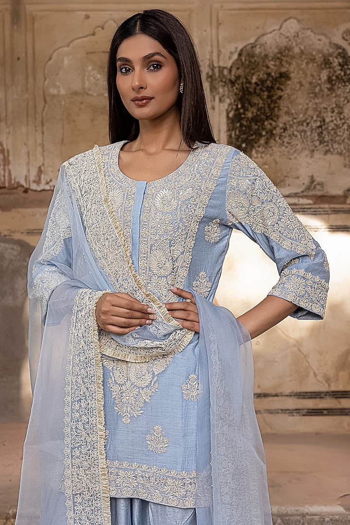 Ice Blue Mul Chanderi Dori & Pearl Hand Work Kurta Set by Charu Makkar at Pernia's Pop Up Shop