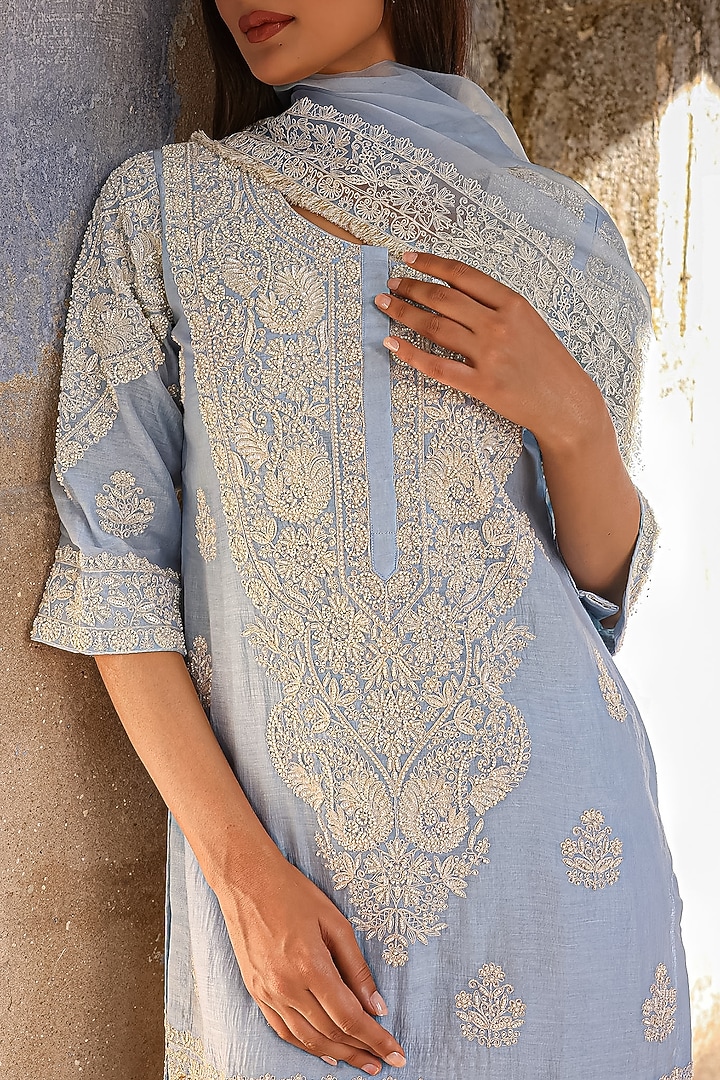 Ice Blue Mul Chanderi Dori & Pearl Hand Work Kurta Set by Charu Makkar at Pernia's Pop Up Shop
