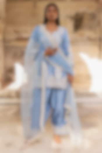 Azure Blue Pure Dupion Silk Dori Work Kurta Set by Charu Makkar at Pernia's Pop Up Shop