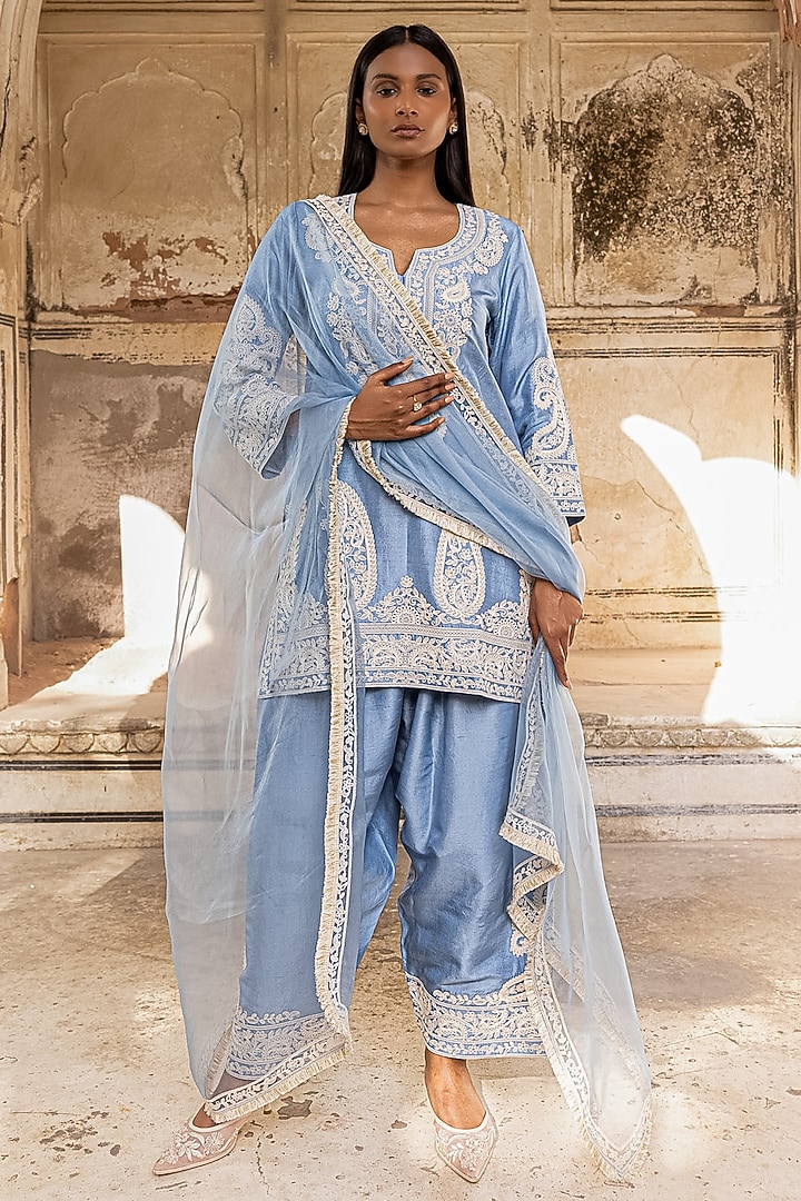 Azure Blue Pure Dupion Silk Dori Work Kurta Set by Charu Makkar at Pernia's Pop Up Shop
