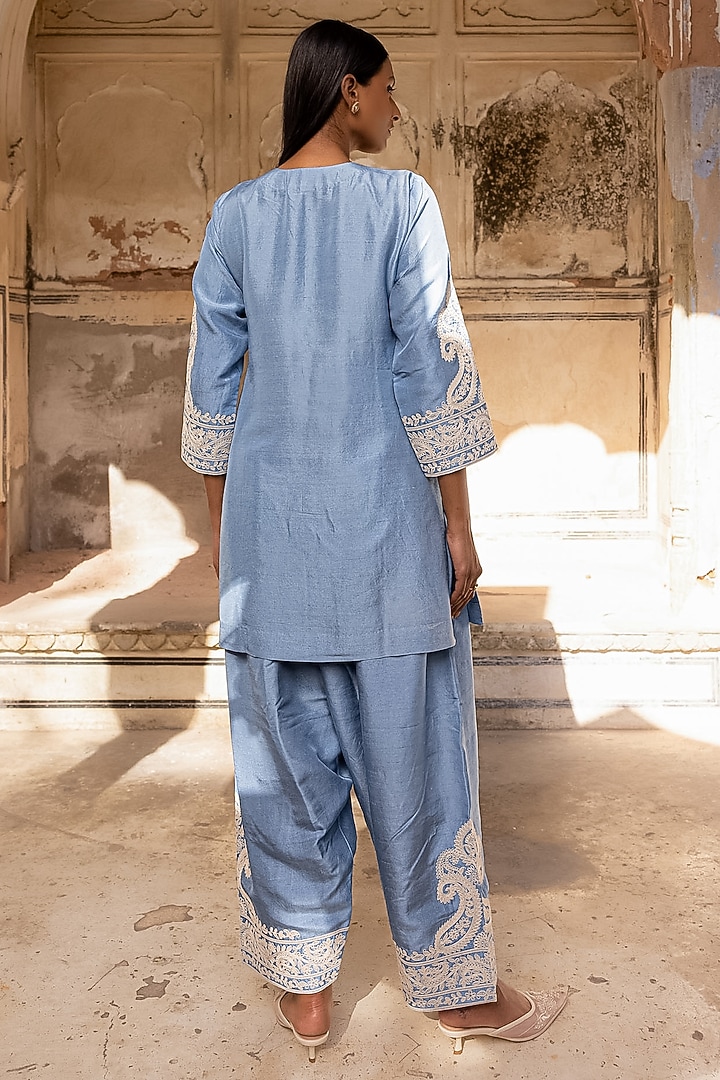 Azure Blue Pure Dupion Silk Dori Work Kurta Set by Charu Makkar at Pernia's Pop Up Shop