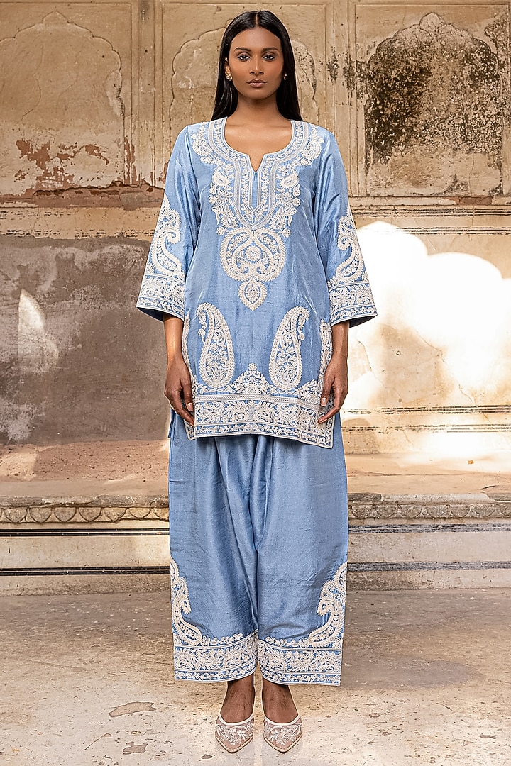Azure Blue Pure Dupion Silk Dori Work Kurta Set by Charu Makkar at Pernia's Pop Up Shop