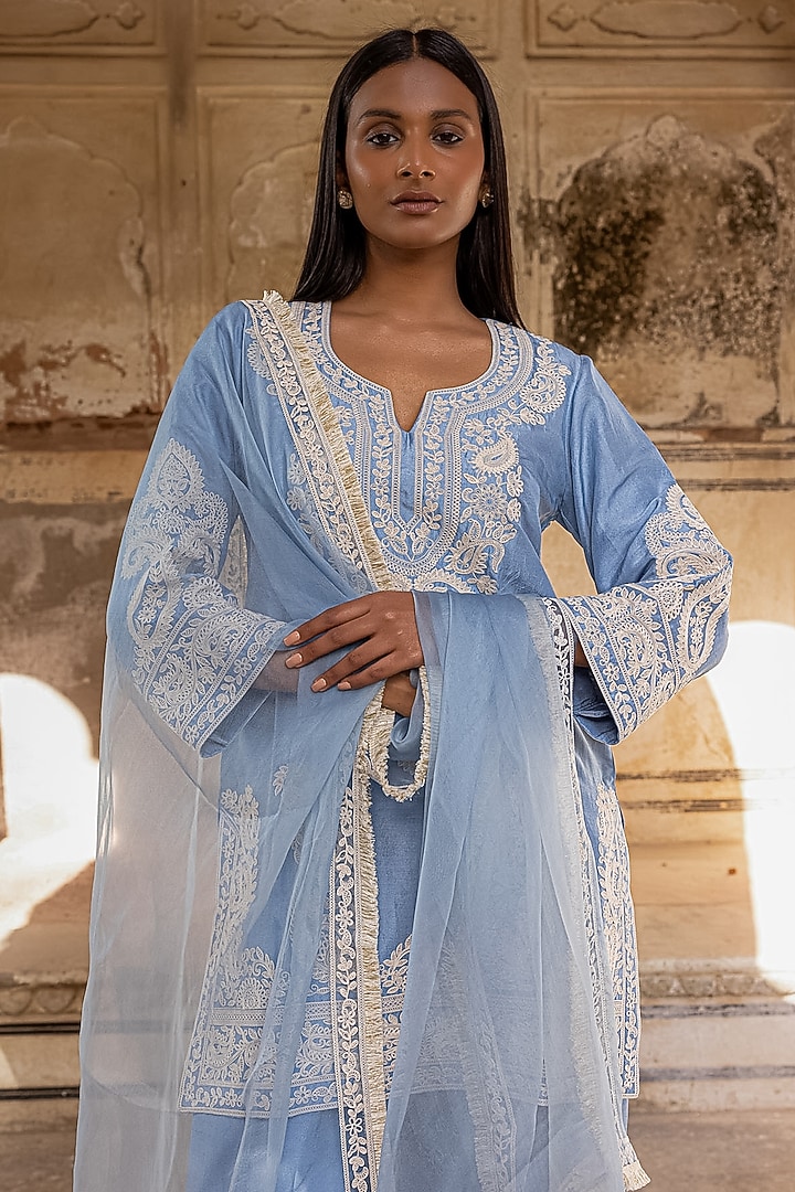 Azure Blue Pure Dupion Silk Dori Work Kurta Set by Charu Makkar at Pernia's Pop Up Shop