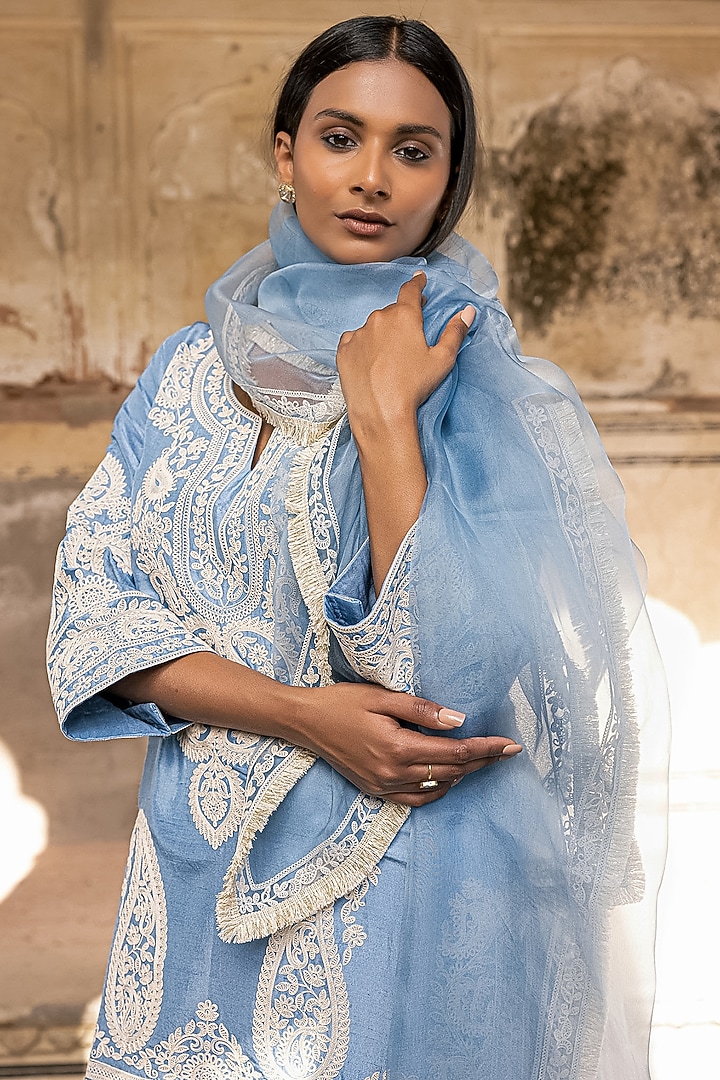 Azure Blue Pure Dupion Silk Dori Work Kurta Set by Charu Makkar at Pernia's Pop Up Shop