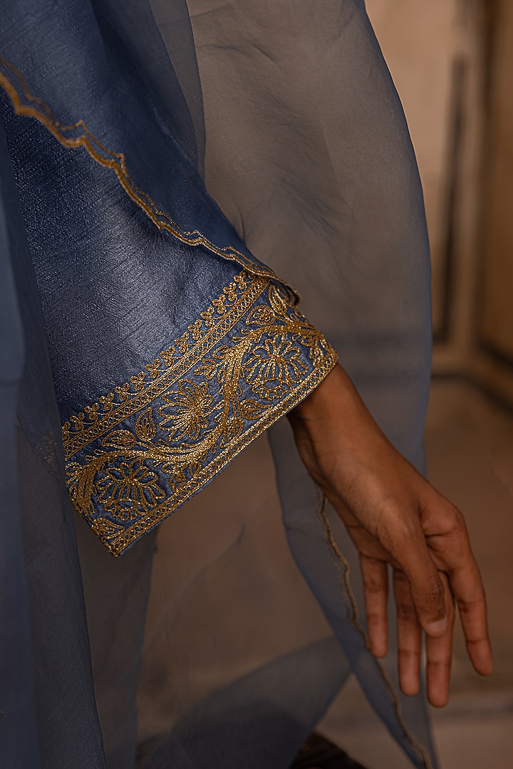 Moon Blue Slub Raw Silk Dori Work Kurta Set by Charu Makkar at Pernia's Pop Up Shop