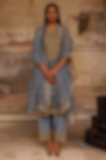 Moon Blue Organza Striped Tissue Dori Work Kurta Set by Charu Makkar at Pernia's Pop Up Shop