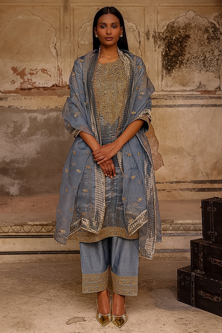 Moon Blue Organza Striped Tissue Dori Work Kurta Set by Charu Makkar at Pernia's Pop Up Shop