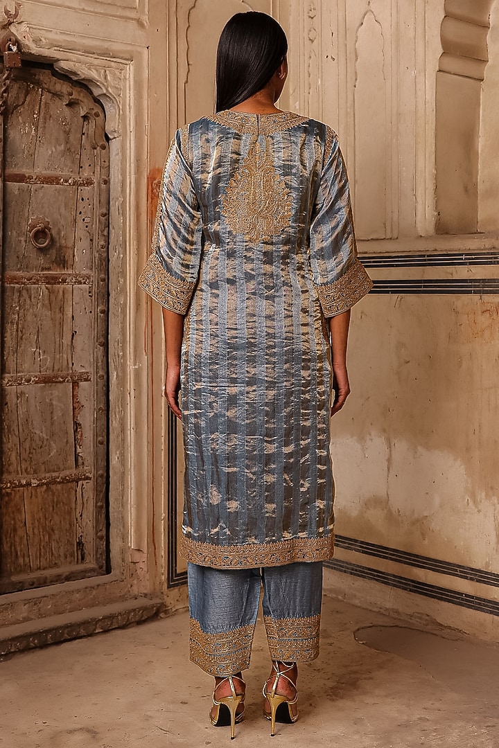 Moon Blue Organza Striped Tissue Dori Work Kurta Set by Charu Makkar at Pernia's Pop Up Shop