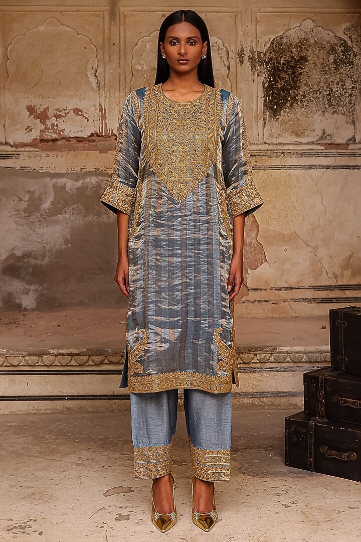 Moon Blue Organza Striped Tissue Dori Work Kurta Set by Charu Makkar at Pernia's Pop Up Shop